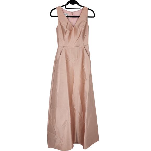 Alfred Sung Toasted Sugar Pink Sleeveless V-Neck Satin Gown Pockets Dress Size 2 - Picture 2 of 7